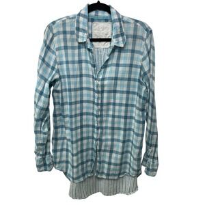 Cino Plaid Tunic Top Rol Tab Long Sleeve 100% Cotton Blue White Casual Shirt XXL
